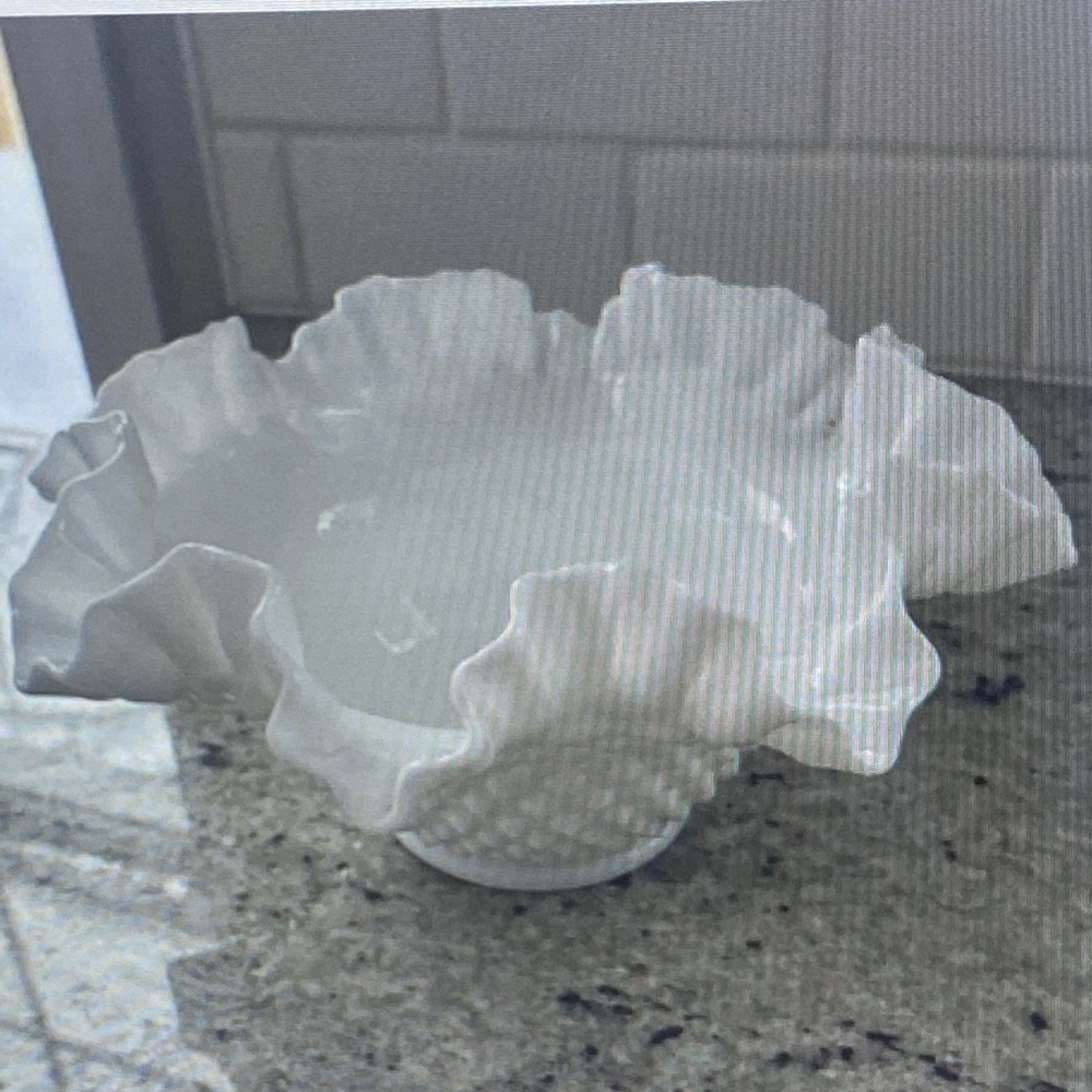 Vintage Fenton hobnail milk glass ruffled edge bowl